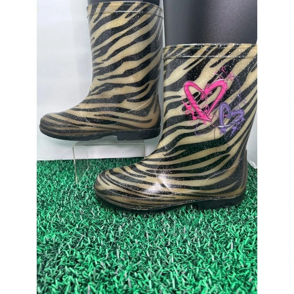 Shake It Up Girls Size 3‎ Zebra Heart Glitter Rain Boots Gold Black Waterproof